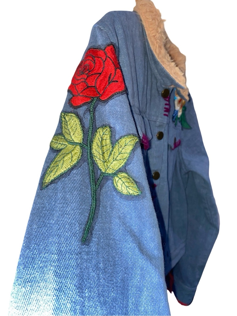 Natural Life Embroidered Denim Jacket Faux Fur Boho embroidery patches Size M - Picture 3 of 6